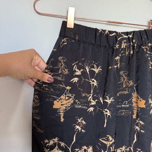 MNG Pants Womens XS Black Gold Asian Print Trouser Boho Silky High Waist Lounge - Picture 4 of 8